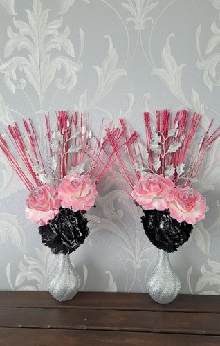 ARTIFICIAL SILK PINK GLITTER ROSES, BLACK GLITTER FLOWER, SILVER GLITTER B/VASES - Picture 4 of 5
