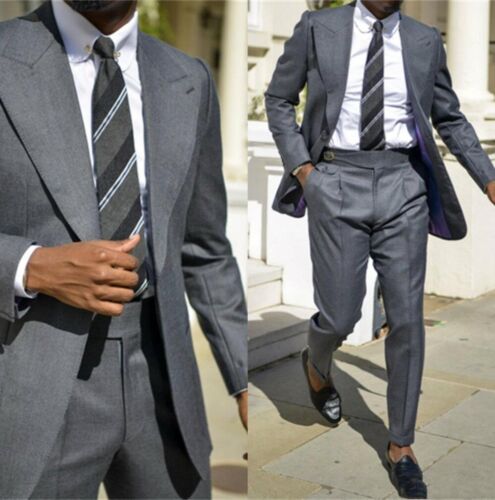 Gray Men Suits Wedding Business Tuxedos 2 Pieces Peak Lapel Regular Fit Formal - Picture 1 of 12