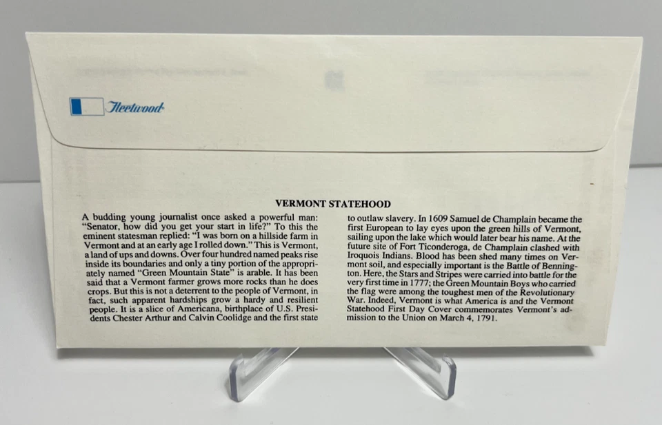 US FDC 1991 Vermont Statehood A Land Of Mountains  - Image 2 of 2