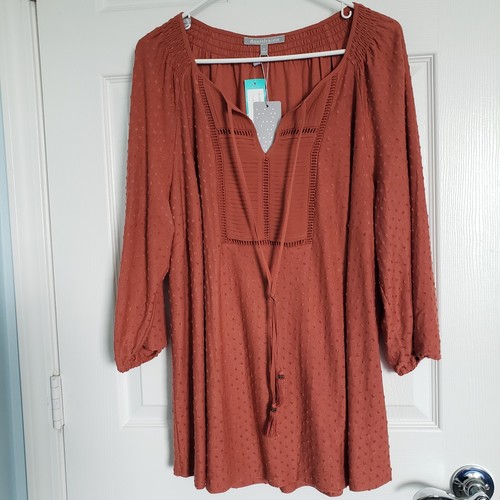 NWT Daniel Rainn Women Tunic Top 2X Burnt Orange Jaymes Blouse Cottagecore Boho