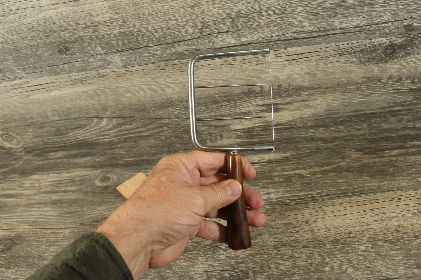 Vintage Cheese Slicer Cutter Bakelite Brown Marbled Handle With 2 Tines