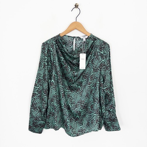M&S Satin Animal Print Blouse Size 18 NEW Green Black Leopard Cowl Neck - Picture 8 of 19