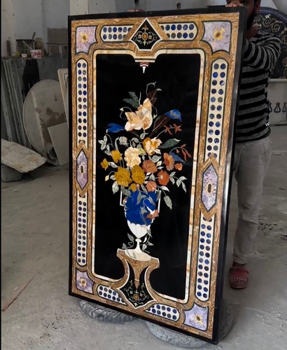 Pietra Dura Tisch, Schwarz Marmor Esstisch, Inlay Tischplatte Dekor