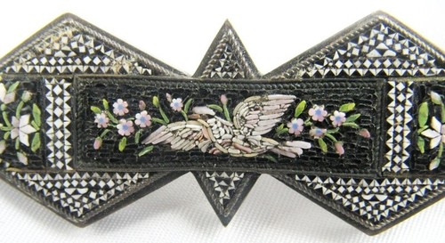 Antique Exquisite Black Micro Mosaic Soaring Bird Mourning 2 1/2" Brooch Pin - Picture 4 of 6