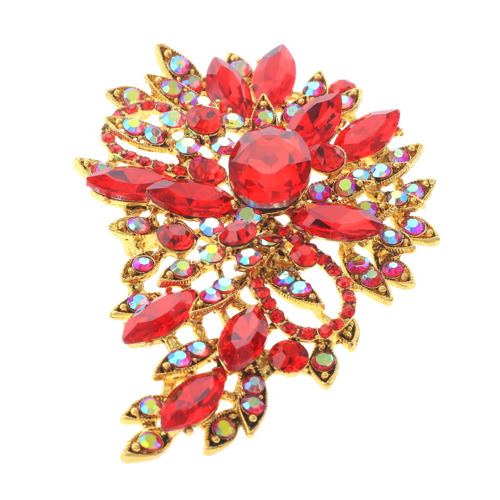 Gold Tone Metal Crystal Rhinestone Flower Brooch P1246-RED | eBay