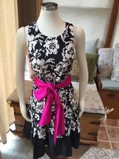 NEW Eliza J Nordstrom Black Ivory Floral Fit Flare Dress Pink Sash Tie Waist 10