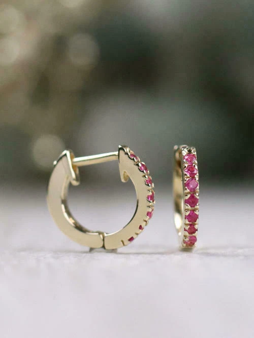 Natural Pink Sapphire Baby Solid 14K Yellow Gold Plated 925 silver Hoop Earring - Image 2 of 4