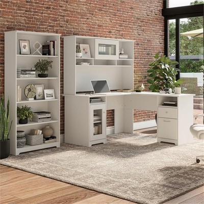 Cabot 60W L Desk with Hutch and 5 Shelf Bookcase in White - Engineered Wood