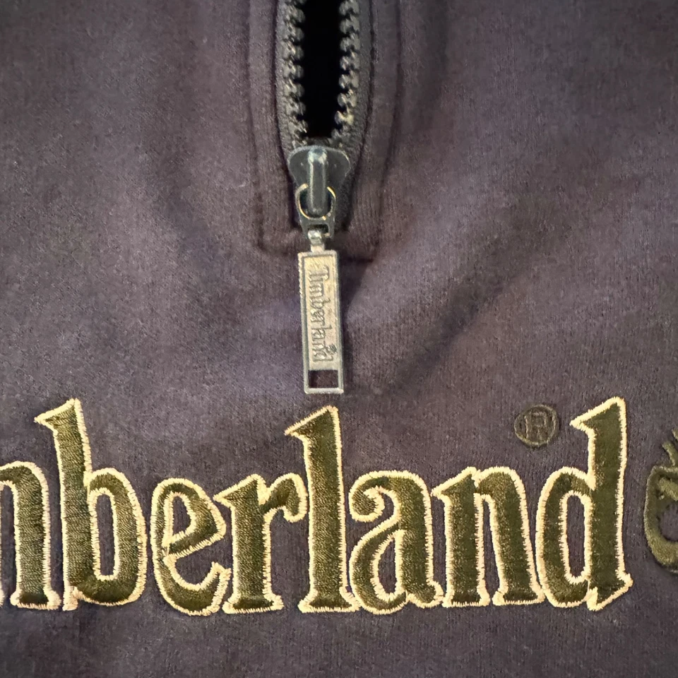 Suéter Vintage Y2K Timberland Masculino Tamanho Grande 1/4 Zíper Azul Verde Logotipo Grande - Imagem 4 de 4