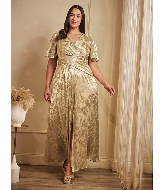 Vestido drapeado para mujer Adrianna Papell hoja de aluminio manga aleada 22/24 Plus