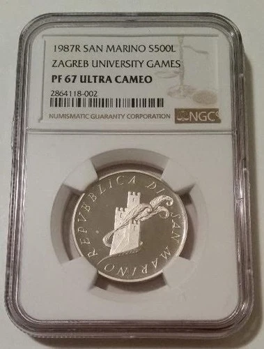 San Marino 1987 R Silver 500 Lire Zagreb University Games PF67 UC NGC Low Mint