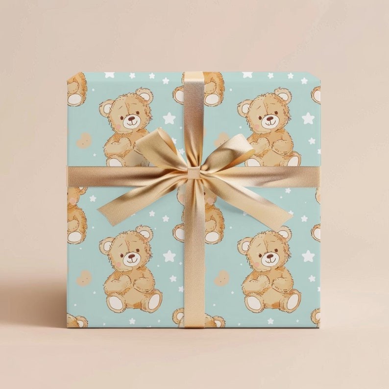 Teddy Bear Baby Shower Wrapping Paper, Gender Neutral Wrap, 