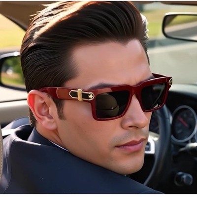 Men's Red Square Frame Sunglasses Gold Accent Star Detail Luxury Fashion Lentes