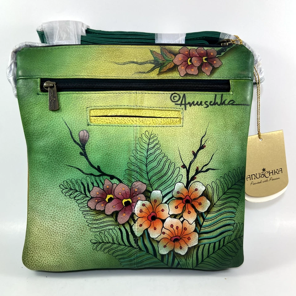 Bolso Bandolera Anuschka Pavo Real Pintado a Mano Multi-Bolsillo Cuero Sillín Etiquetas Nuevas Foto 2 de 4