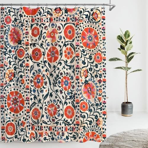 Bohemian Vintage Floral Shower Curtain 72x72 Inches – Rustic Red Flowers, - Picture 2 of 3
