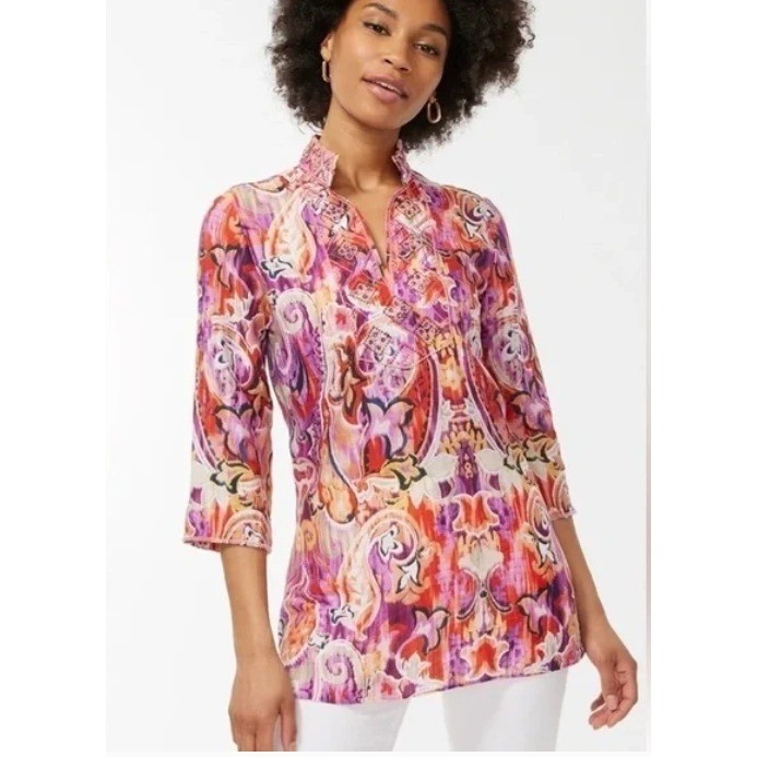 Chicos Tunic Top Paisley Abstract Beaded Split Neck 3/4 Bell Sleeve Top ...