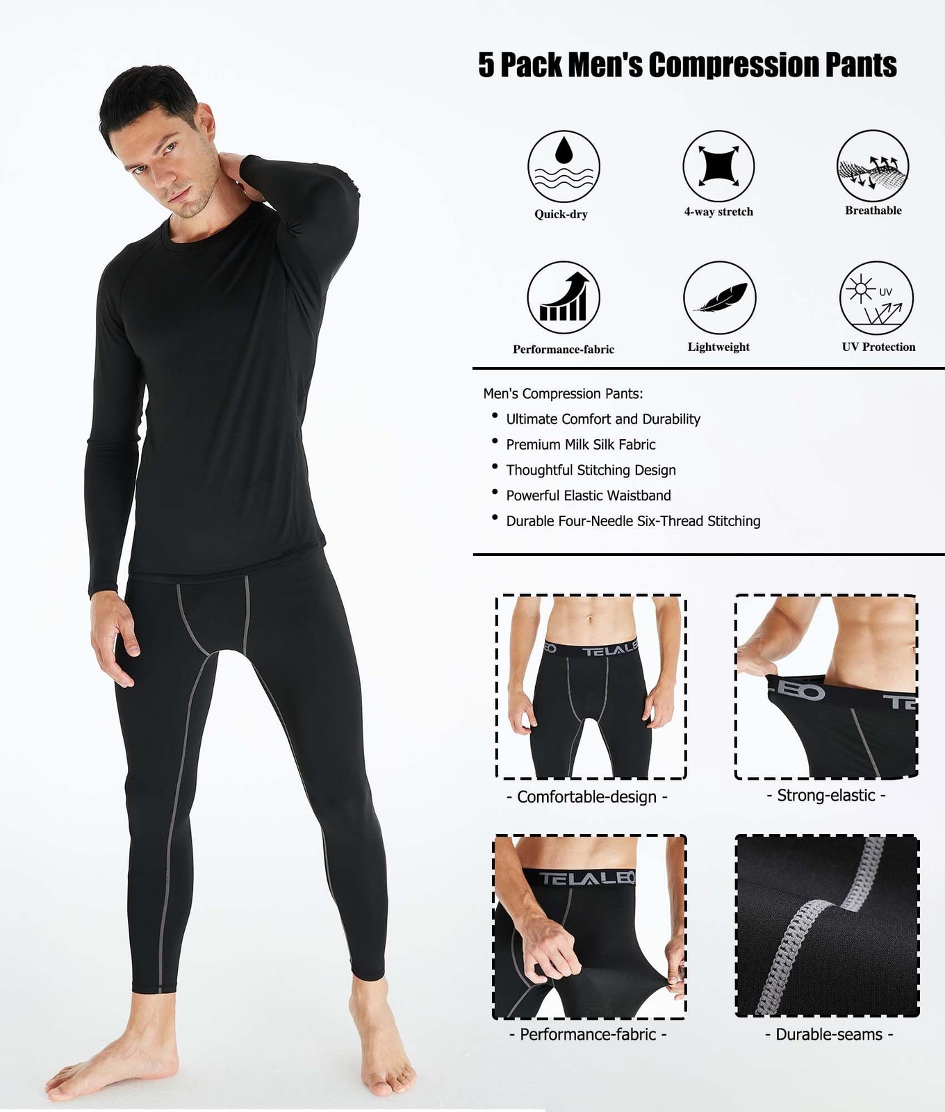 5 Pack Men's Compression Pants for Workout, Running, Basketball - Sports Base