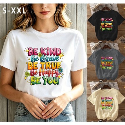 Positive ''Be Happy Be You'' T-Shirt  Floral Inspirational Casual Statement Top