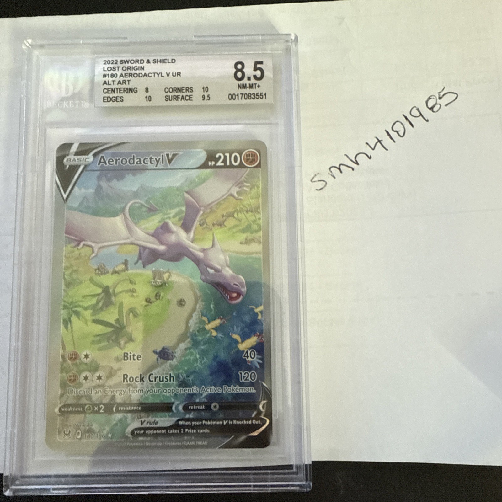 2022 Pokemon SWSH Lost Origin Aerodactyl V 180/196 (BGS 8.5 NM-MT+)