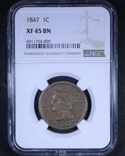 1847 Braided Hair Large Cent - 1c NGC XF45 BN - Brown