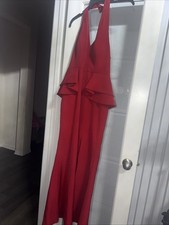 Red Halter Neck Formal Dress Ruffle Peplum Maxi Evening Dress