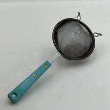 VTG Ekco Forge MCM Kitchen Strainer W/ Blue Handle Stainless Steel USA Made.