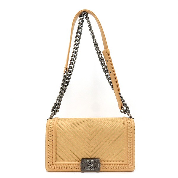 Chanel Medium Chevron Boy Bag in Beige with Silver Chain