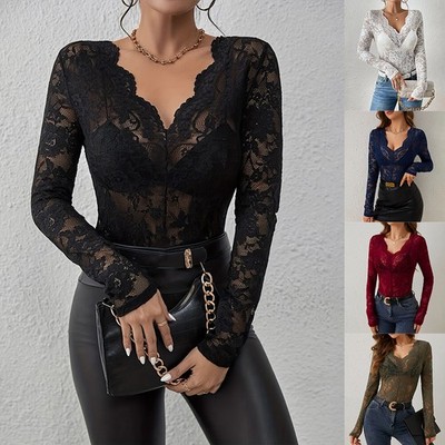 Sexy Damen Transparent Spitze T-Shirt Oberteile Slim Top V-Neck Langarm Clubwear