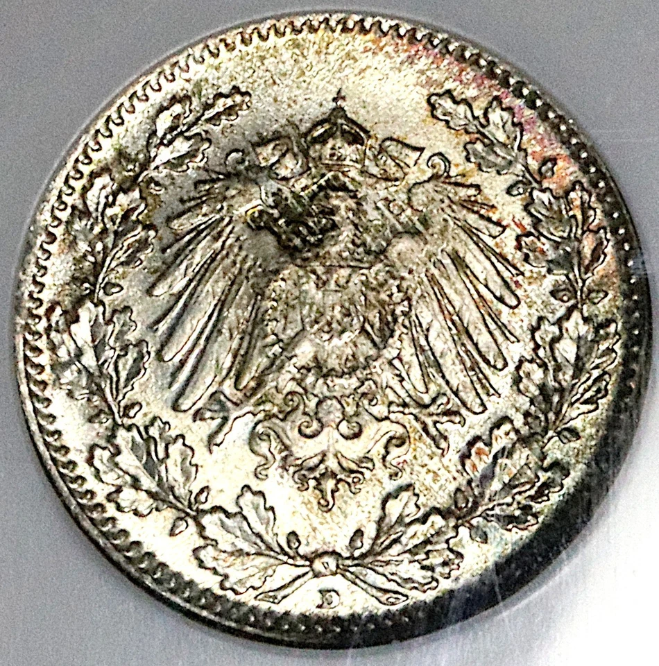1916-D NGC MS 67 Germany 1/2 Mark Munich Mint Kaiser Gem Silver Coin (25062802C) - Image 3 of 4