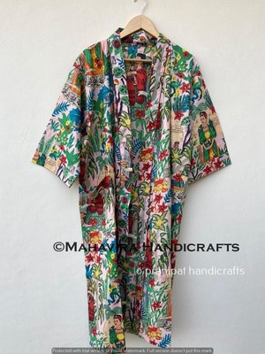Women Sleepwear Cotton Farida Kahlo Print Baby Pink Lingerie Night Gown Kimono