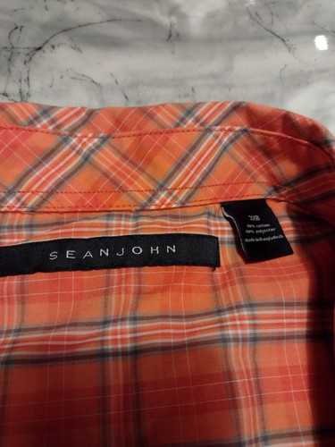 Sean John Men's Big Tall Button Up Short Sleeve Shirt 3XB Orange Plaid Pockets - 第 2/7 張圖片