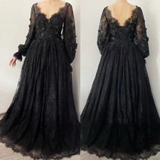 Gothic Black Wedding Dresses Long Sleeve V Neck Floral Lace Applique Bridal Gown