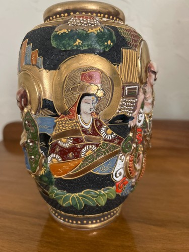 Shinsan 新山 Marked Satsuma Moriage Dieties Japan Gold Gilt Porcelain Vase, Large