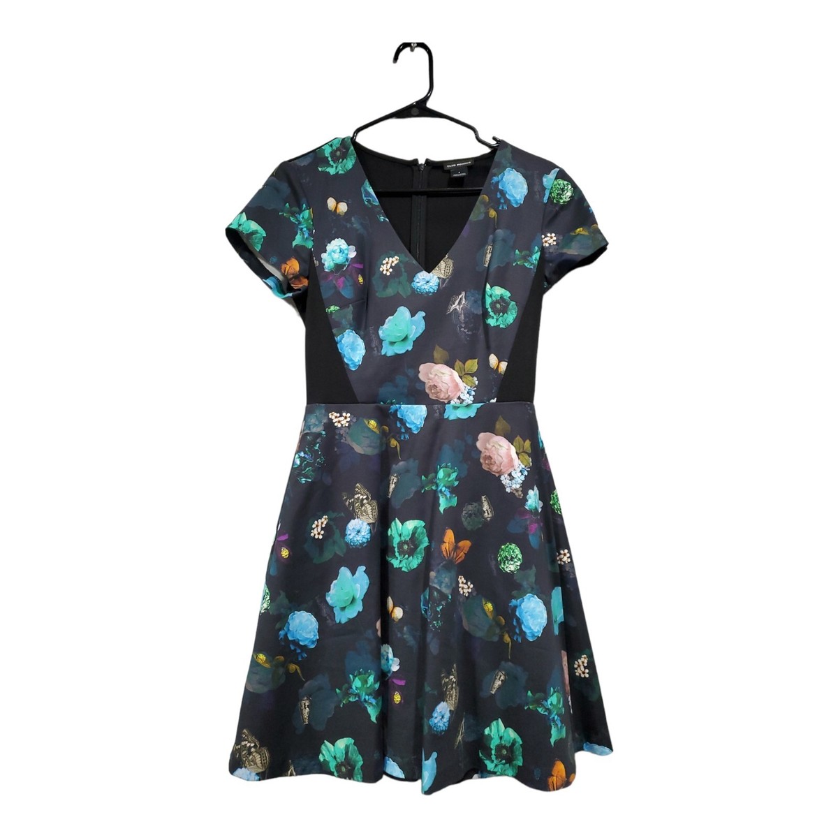 Club Monaco Women's Aurelie Dress Fit & Flair Flowers Butterfly V-Neck  Pockets 4 | eBay