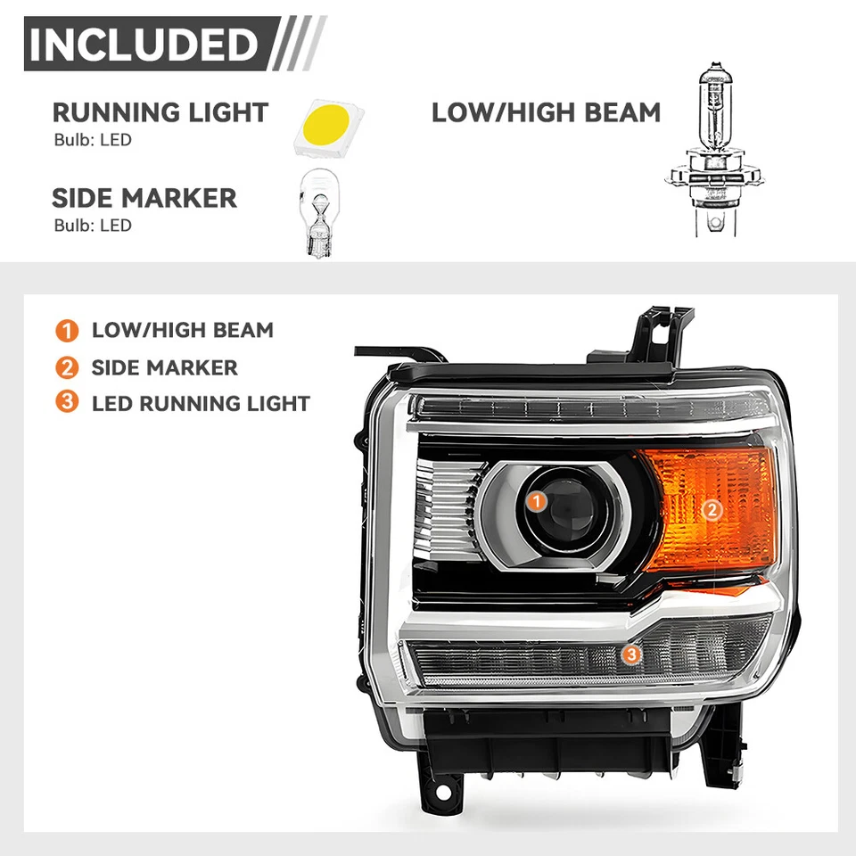 Halogen w/ LED DRL Projector Headlight For 2015-2019 GMC Sierra 2500 Driver Side Foto 3 de 4