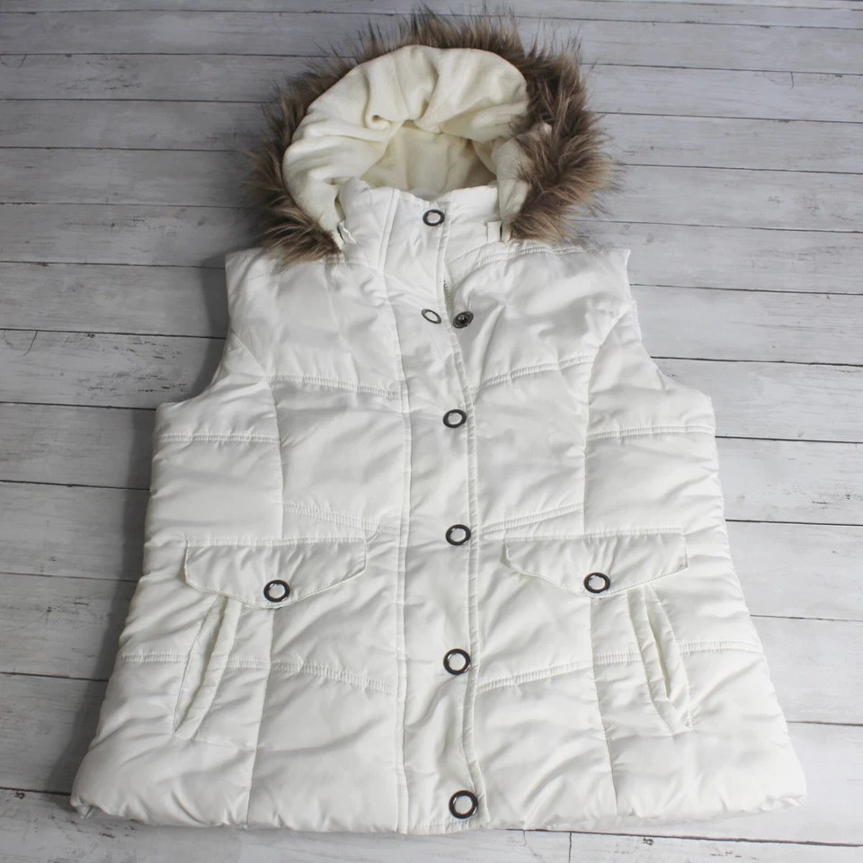 Chaleco chaqueta acolchada sin mangas Vanity para mujer talla L invierno blanco imitación piel capucha Foto 2 de 4