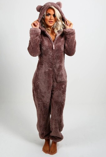 Damen Winter Warm Plüsch Jumpsuit Teddybär Schlafanzug mit Kapuze Pyjama Overall - Bild 21 von 43