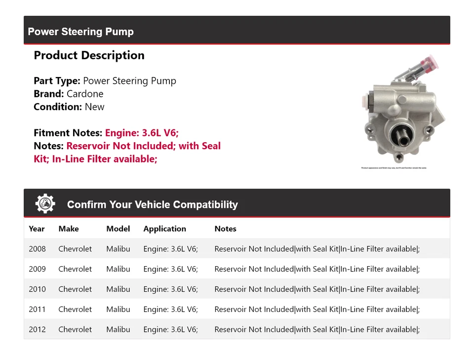Bomba de dirección asistida Cardone 2009 2010 para Chevrolet Malibu 2008-2012 3,6 L V6 Foto 2 de 4