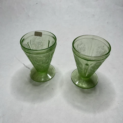 2 Jeannette CHERRY BLOSSOM GREEN 3 3/4"- 4 oz FOOTED JUICE TUMBLERS