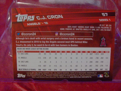 2017 Topps Baseball Card #57 C.J. Cron (18520) - Picture 2 of 2