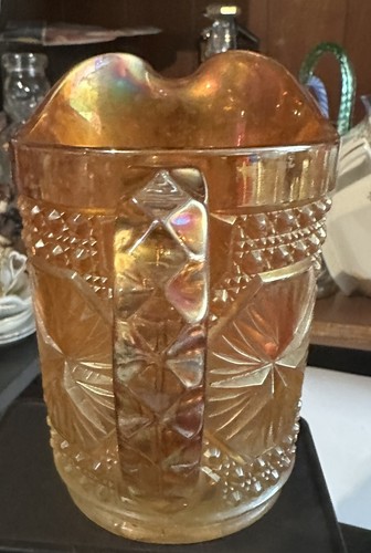 Imperial Carnival Glass Iridescent Marigold Star Medallion Vintage Small Pitcher - Picture 2 of 5