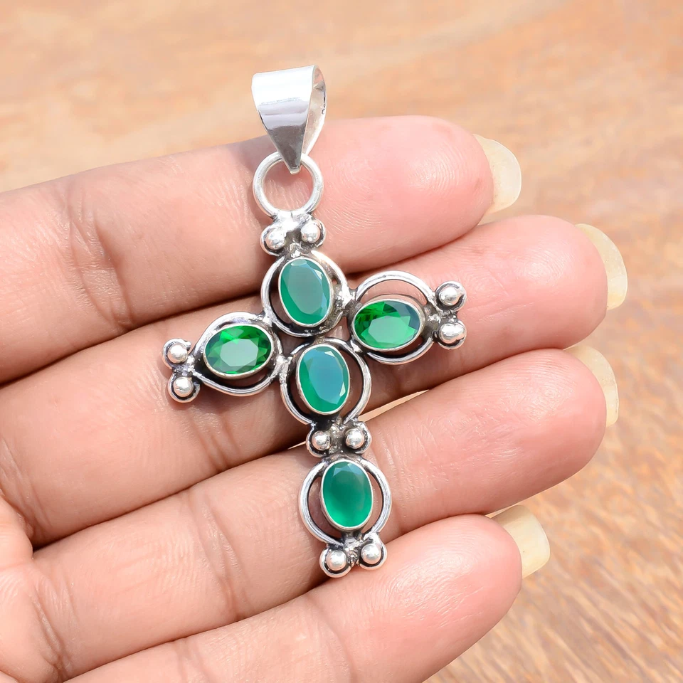 Colgante de plata de ley 925 con piedras preciosas de ónix verde y diopsido joyería de regalo única Foto 4 de 4