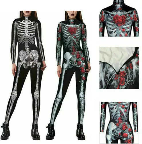 Halloween Damen Skelett Knochenrahmen Overall Body Fancy Dead Cosplay Kostüm - Bild 1 von 13