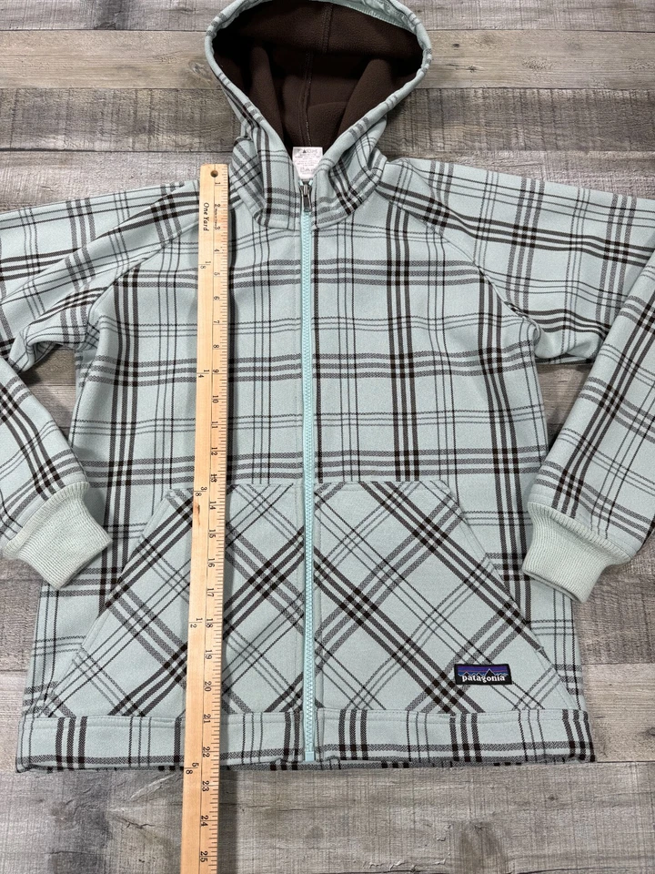 Chaqueta Patagonia para mujer pequeña azul verde azulado a cuadros cremallera completa con capucha senderismo al aire libre Foto 3 de 4