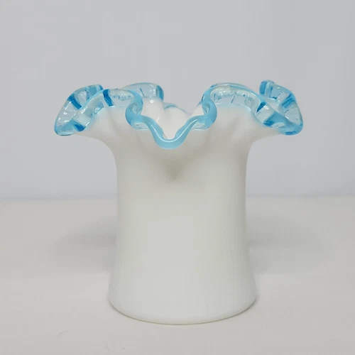 Vintage Fenton White Milk Glass Blue Aqua Crest Ruffled Edge Top Hat Vase 4.5"