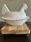Vintage Indiana Milk Glass Hen on Nest Beaded Edge Covered Dish 7" x 5 1/2"
