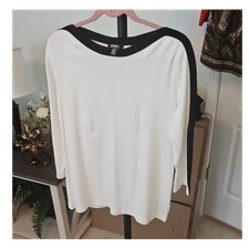 Chaps Colorblock Knit Top White Black Boat Neck 3/4 Sleeve Lace-Up Rayon XXL