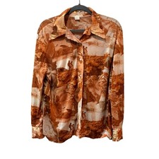 Vintage 70s Button Down Women Large Novelty Print Orange Brown Scenic Retro
