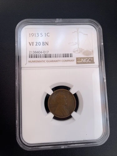 1913 S Lincoln Cent NGC VF 20 BN Wheat Penny 1c