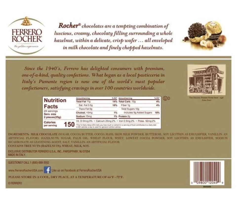 Ferrero Rocher, caramelo de avellana de chocolate con leche, 21,2 oz 48 quilates dulces regalo vacaciones Foto 2 de 4